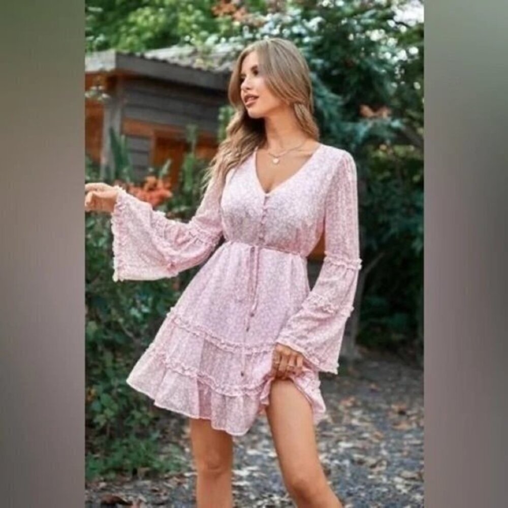 Cupshe Boho Style Varadero‎ Pink V-neck Bell Sleeve Romantic Ditsy Dress size L - Picture 8 of 16
